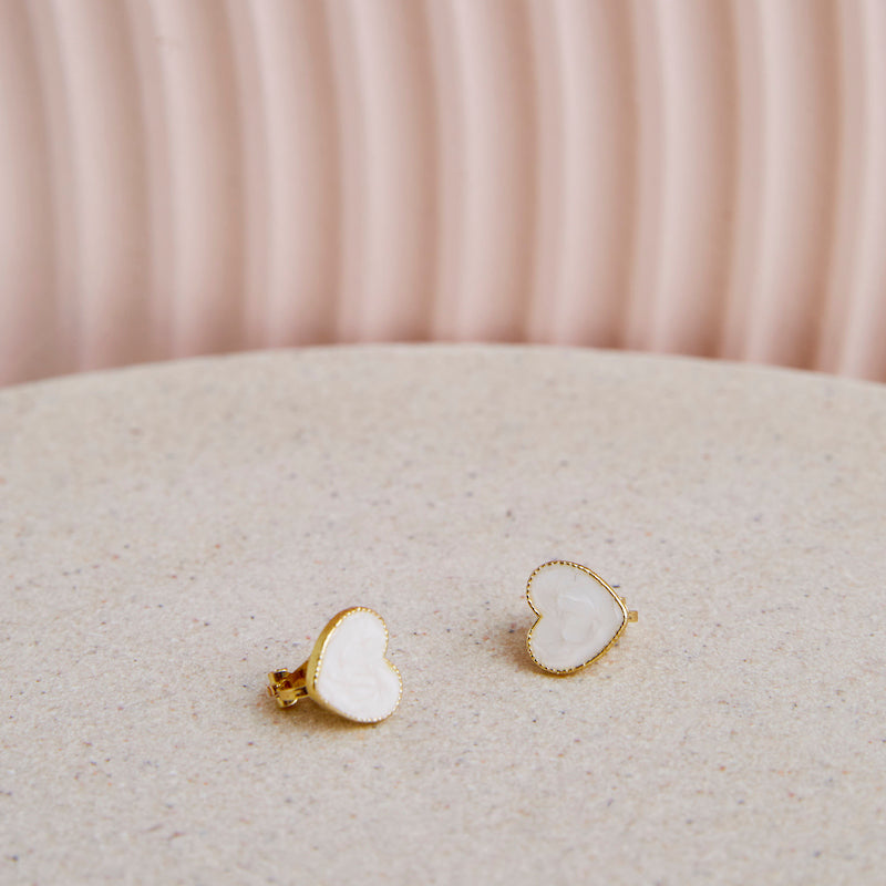 Tiny White Heart Clip on Earrings