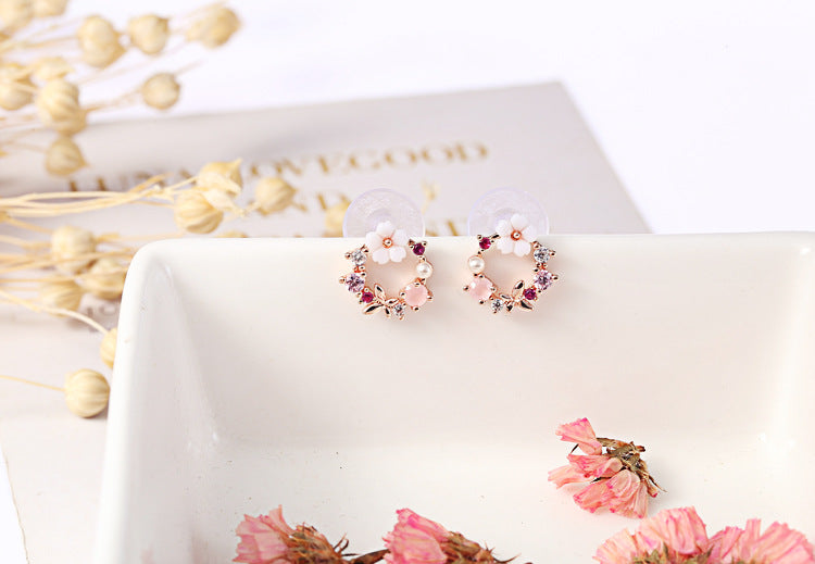 Pink Flower Wreath Clip on Earrings