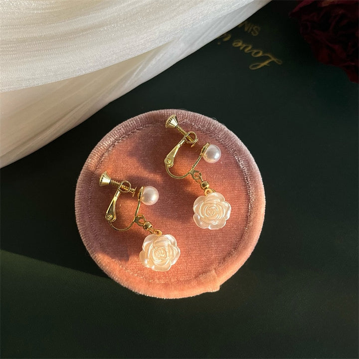 Camellia Flower Pearl Clip on earrings