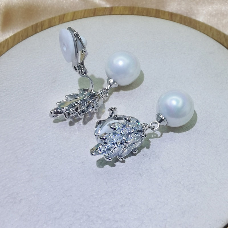 Premium Pearl Zirconia Crystal Clip on Earrings