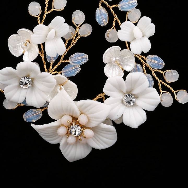 Handmade White Ceramic Rhinestone Floral Earrings
