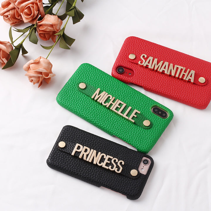 Personalised Name Genuine Leather iPhone Case with Holding Strap