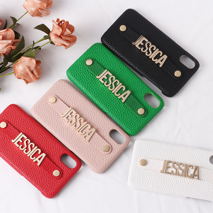 Personalised Name Genuine Leather iPhone Case with Holding Strap