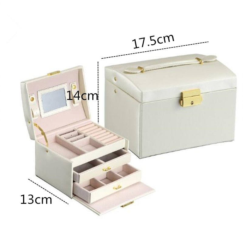 3-layers Jewellery Box with Mirror Large Capacity Jewellery Casket Makeup Organizer Earring Holder Makeup Storage