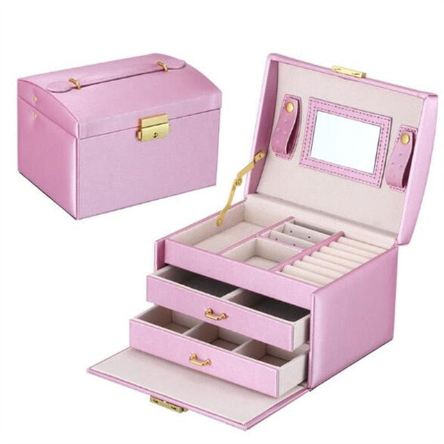 3-layers Jewellery Box with Mirror Large Capacity Jewellery Casket Makeup Organizer Earring Holder Makeup Storage
