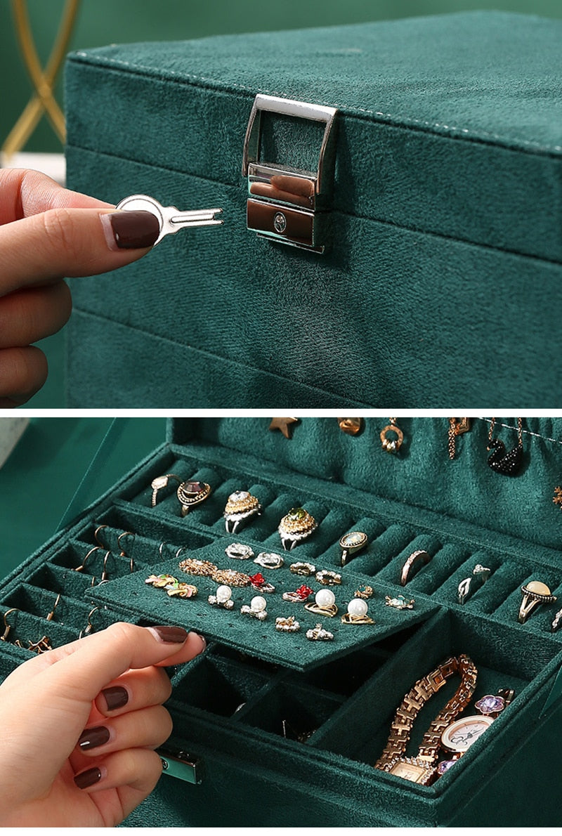 3-layers Green Stud Jewellery Organizer Large Ring Necklace Makeup Holder Cases Velvet Jewellery Box with Lock for Women