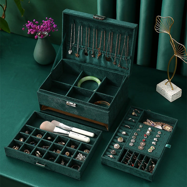 3-layers Green Stud Jewellery Organizer Large Ring Necklace Makeup Holder Cases Velvet Jewellery Box with Lock for Women