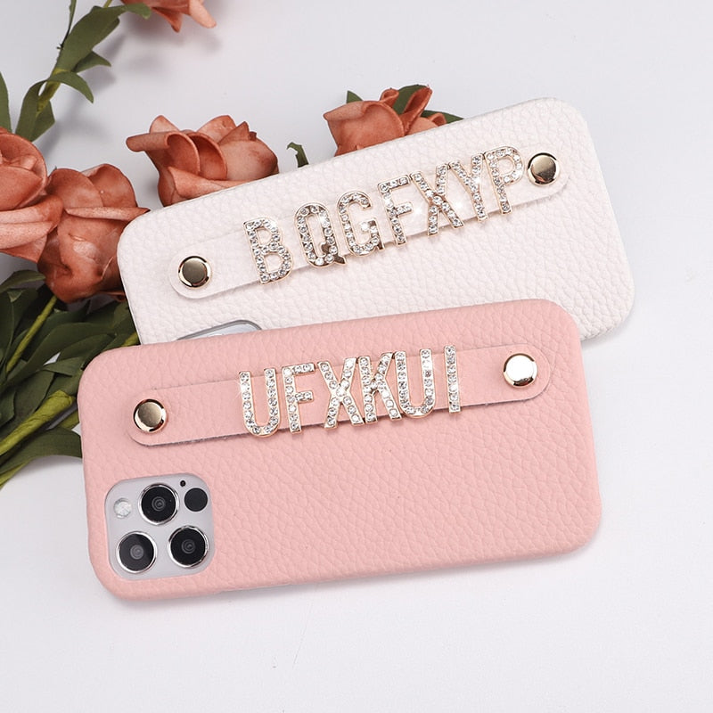 Crystal Initial Genuine Leather iPhone Case with Holding Strap