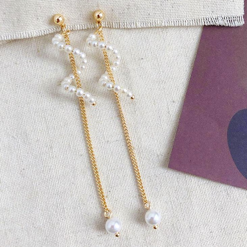 Long String Pearl Clip on Earrings