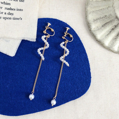 Long String Pearl Clip on Earrings