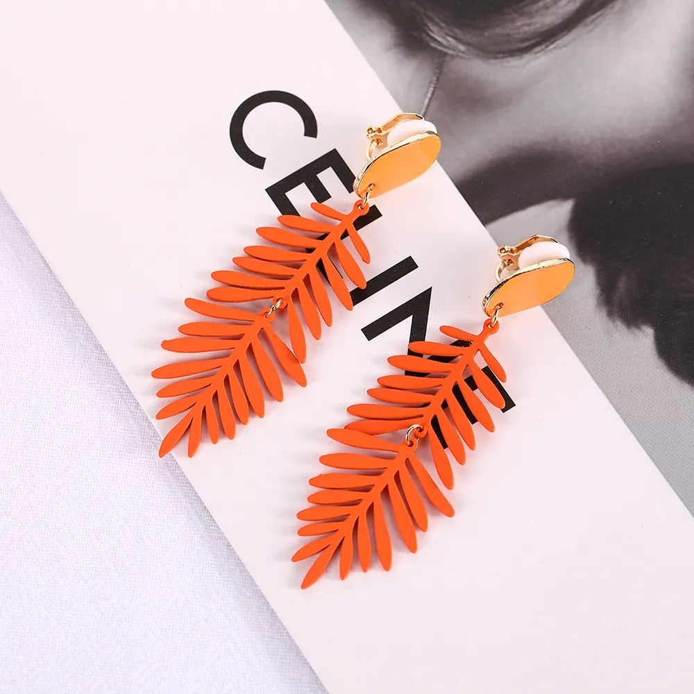 Long Leaf Clip on Earrings