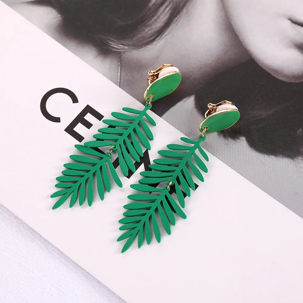 Long Leaf Clip on Earrings