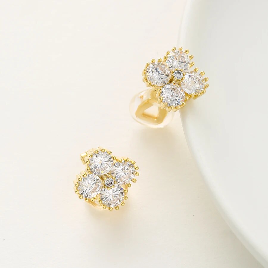 Clover Cubic Zirconia Crystal Clip On Earrings