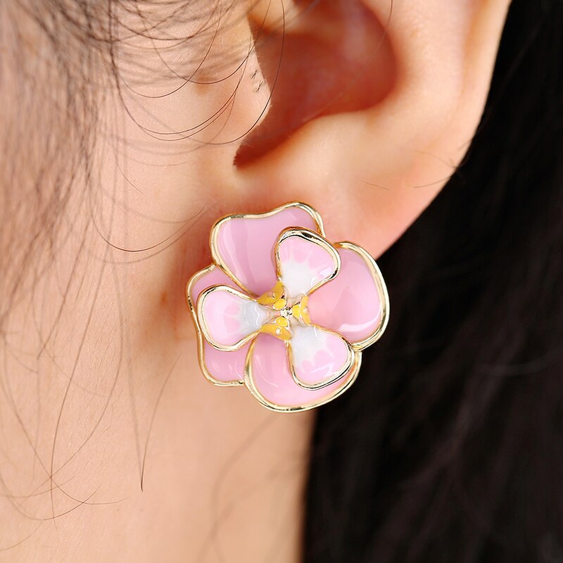 Pink and Green Flower Clip on Earrings