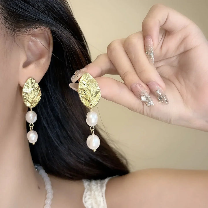 Gold Leaf Pearl Clip on Earrings