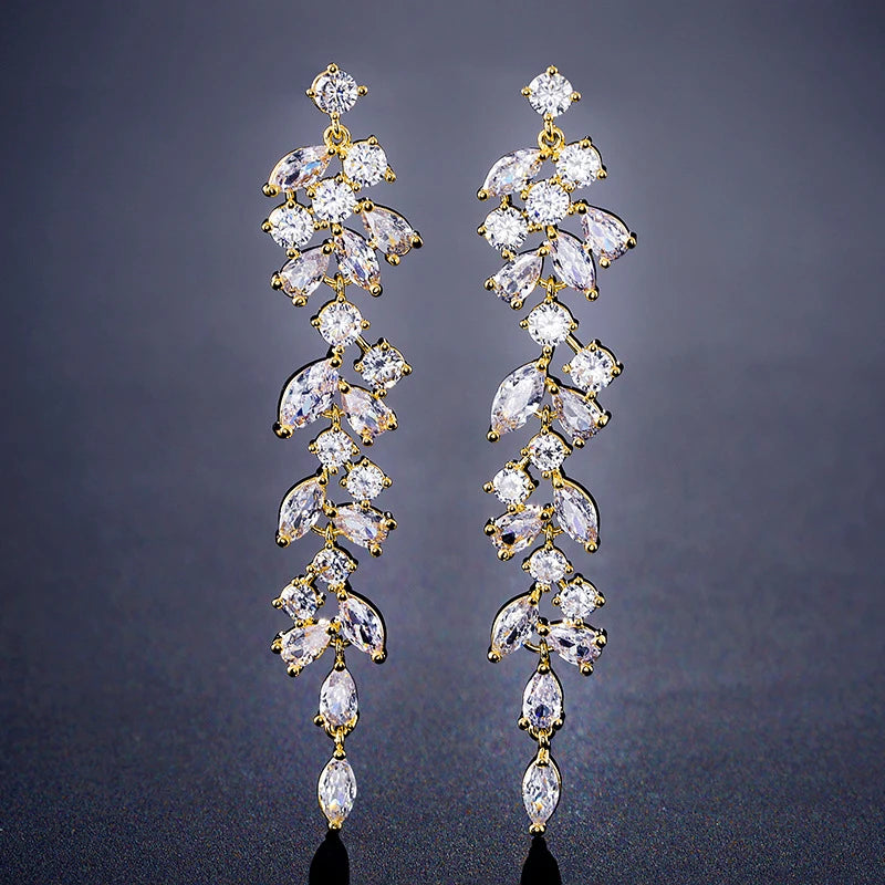 Long Leaf Zirconia Clip on Earrings