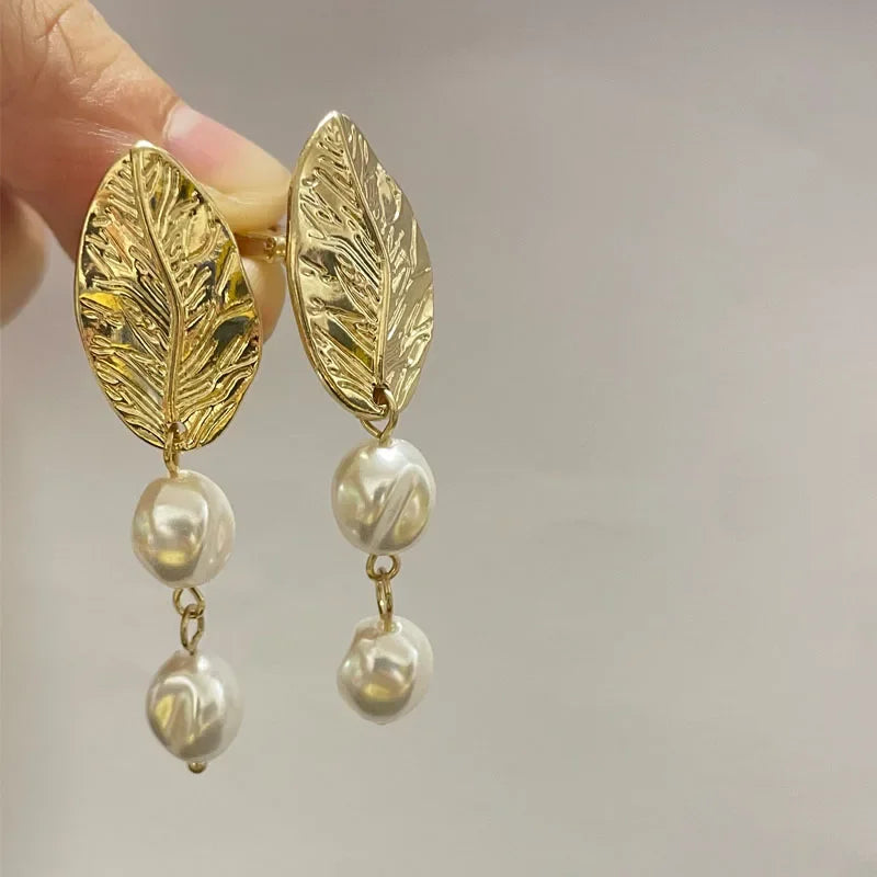 Gold Leaf Pearl Clip on Earrings
