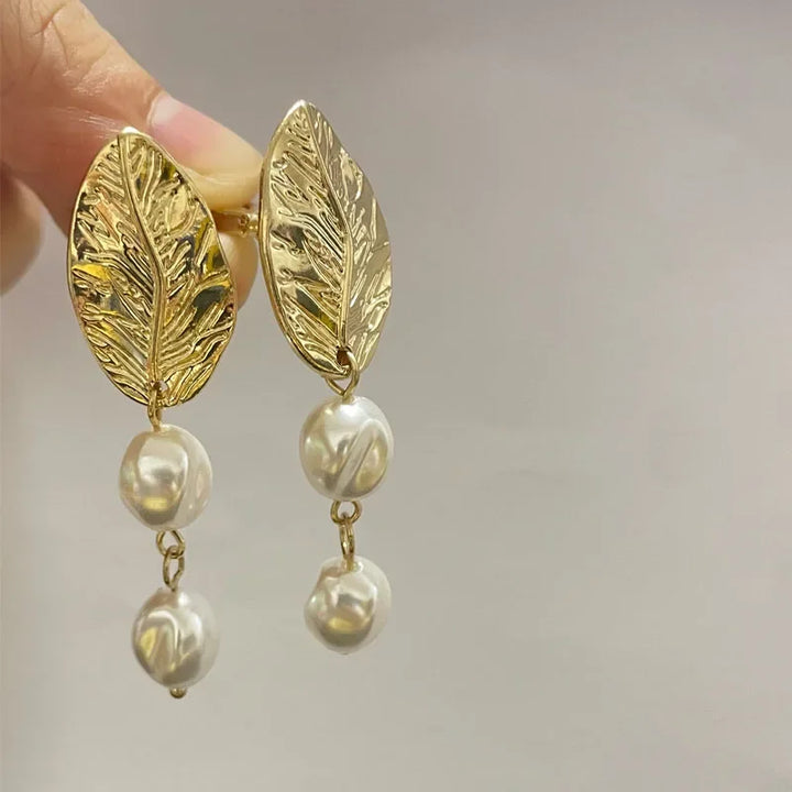 Gold Leaf Pearl Clip on Earrings
