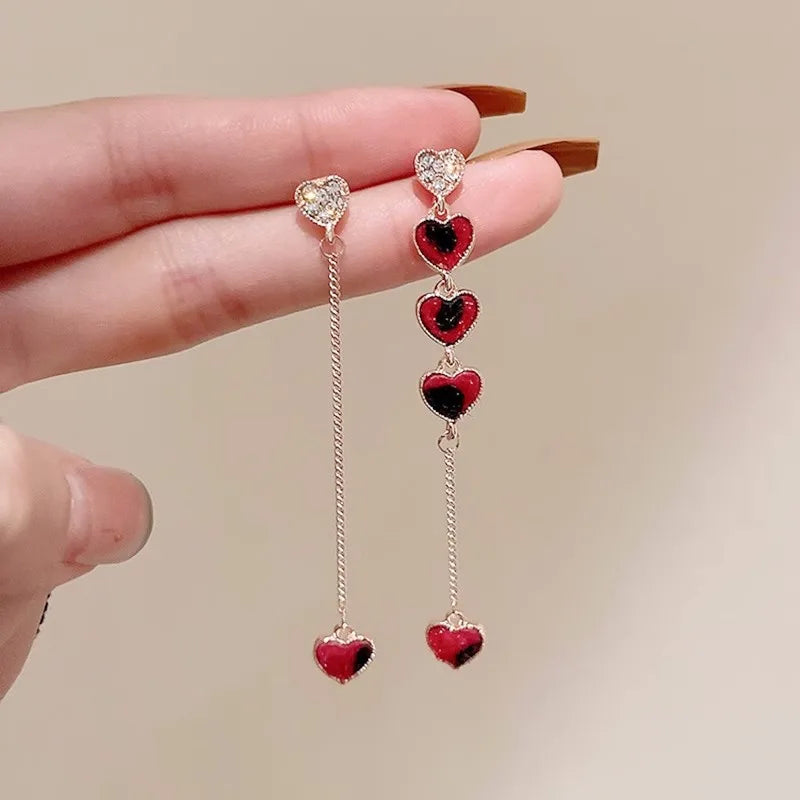 Red Heart Tassel Clip on Earrings