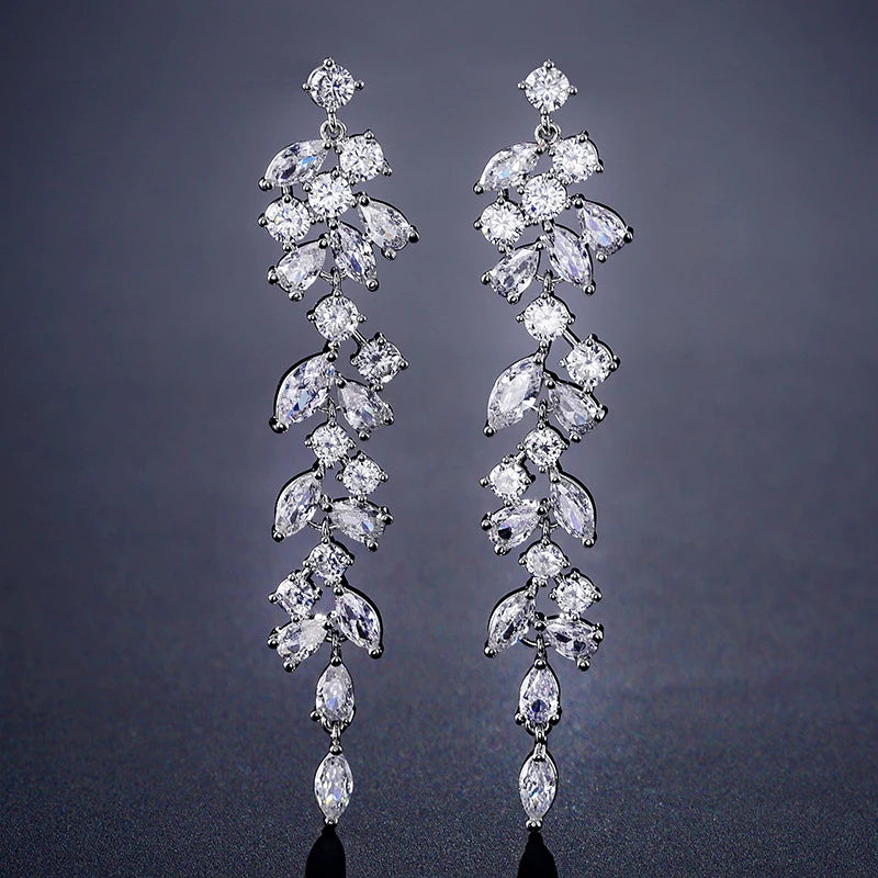 Long Leaf Zirconia Clip on Earrings