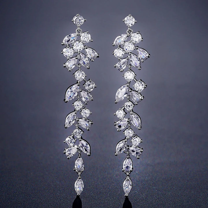 Long Leaf Zirconia Clip on Earrings