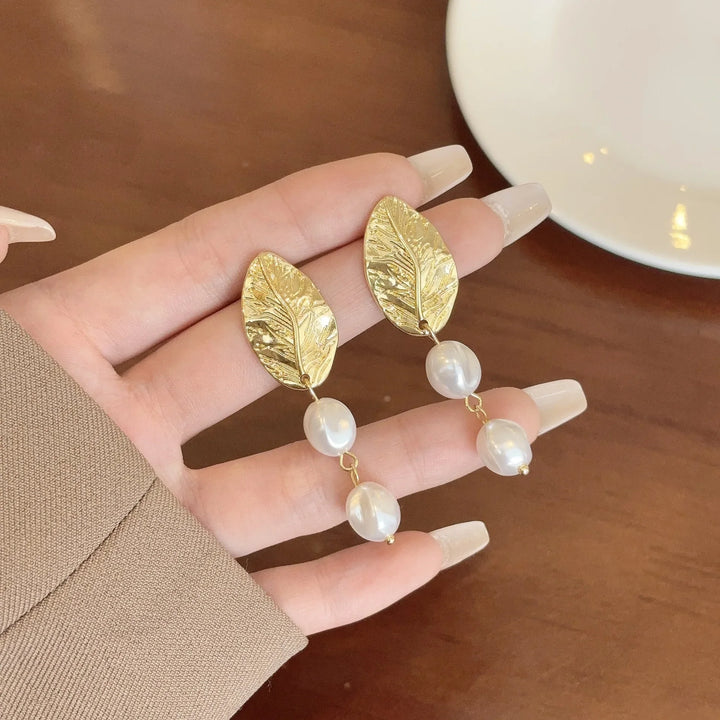 Gold Leaf Pearl Clip on Earrings