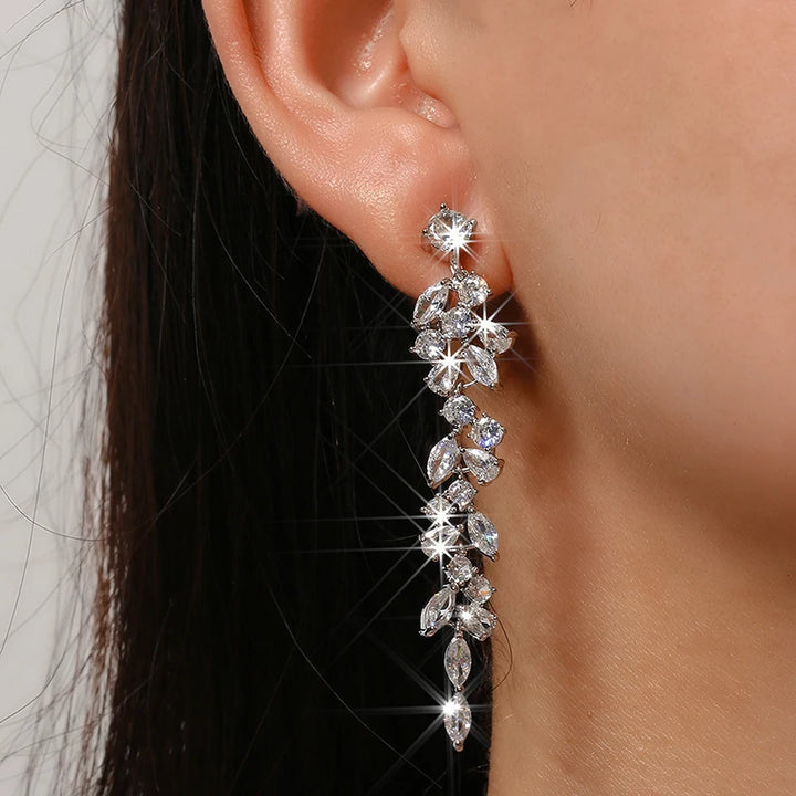 Long Leaf Zirconia Clip on Earrings