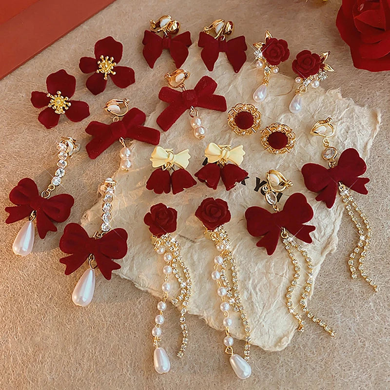 Velvet Christmas Bows Clip on Earrings