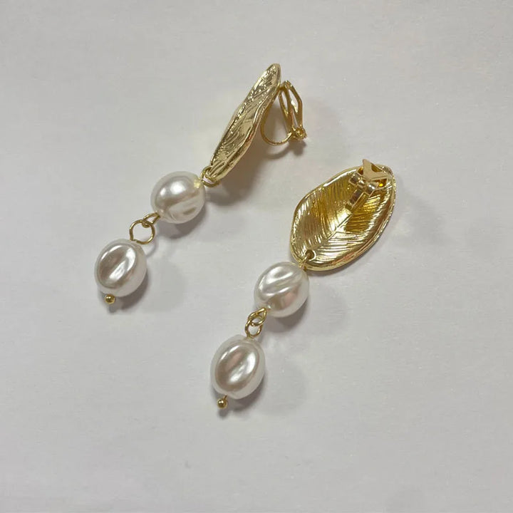 Gold Leaf Pearl Clip on Earrings