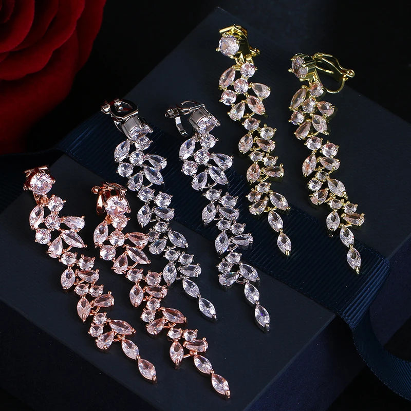 Long Leaf Zirconia Clip on Earrings