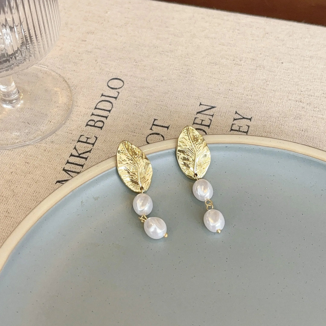 Gold Leaf Pearl Clip on Earrings