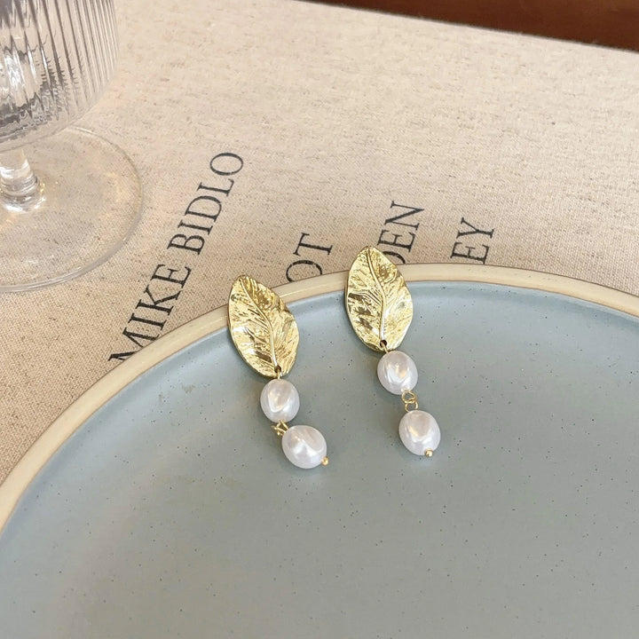Gold Leaf Pearl Clip on Earrings