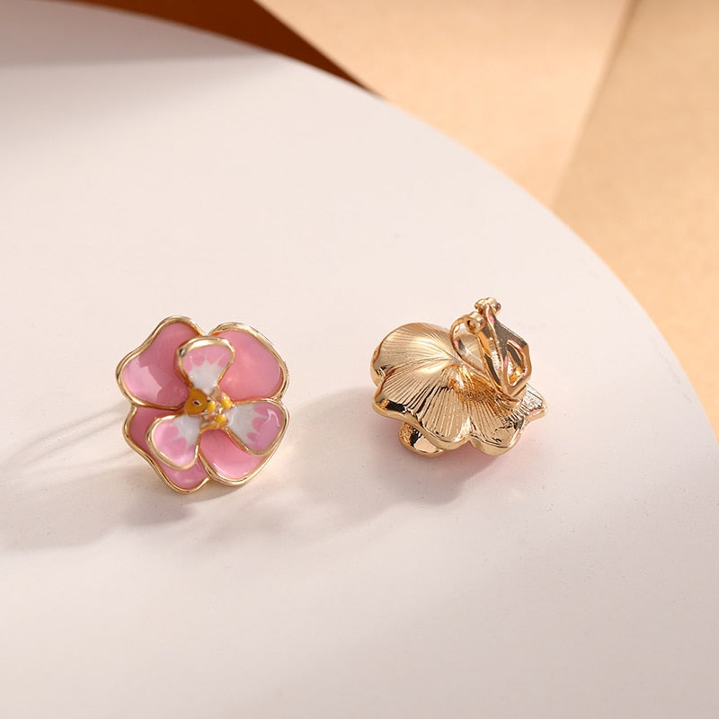 Pink and Green Flower Clip on Earrings