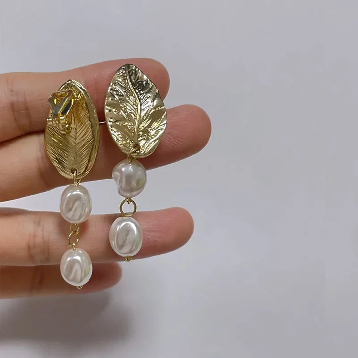 Gold Leaf Pearl Clip on Earrings