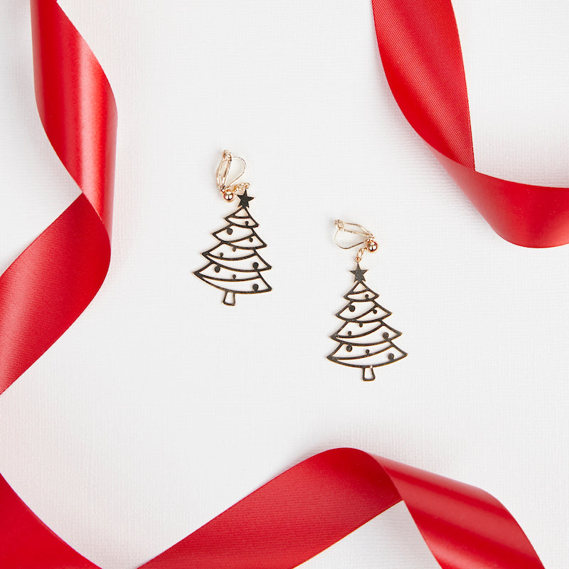 Gold Christmas Tree Holidays Clip on Earrings
