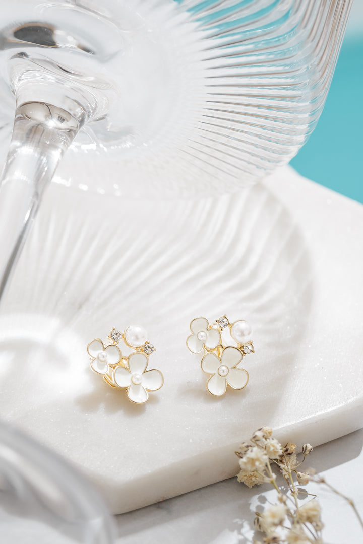 White Flower Clip on Earrings