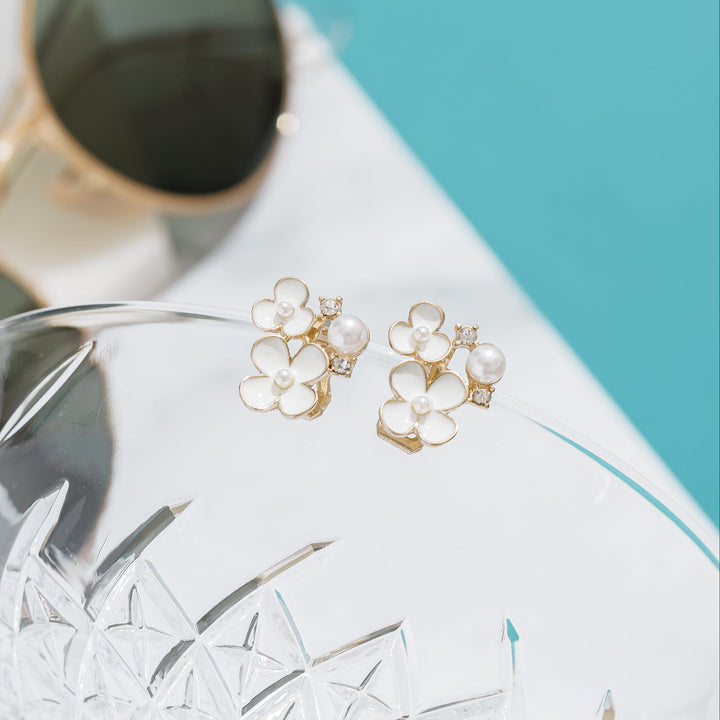 White Flower Clip on Earrings