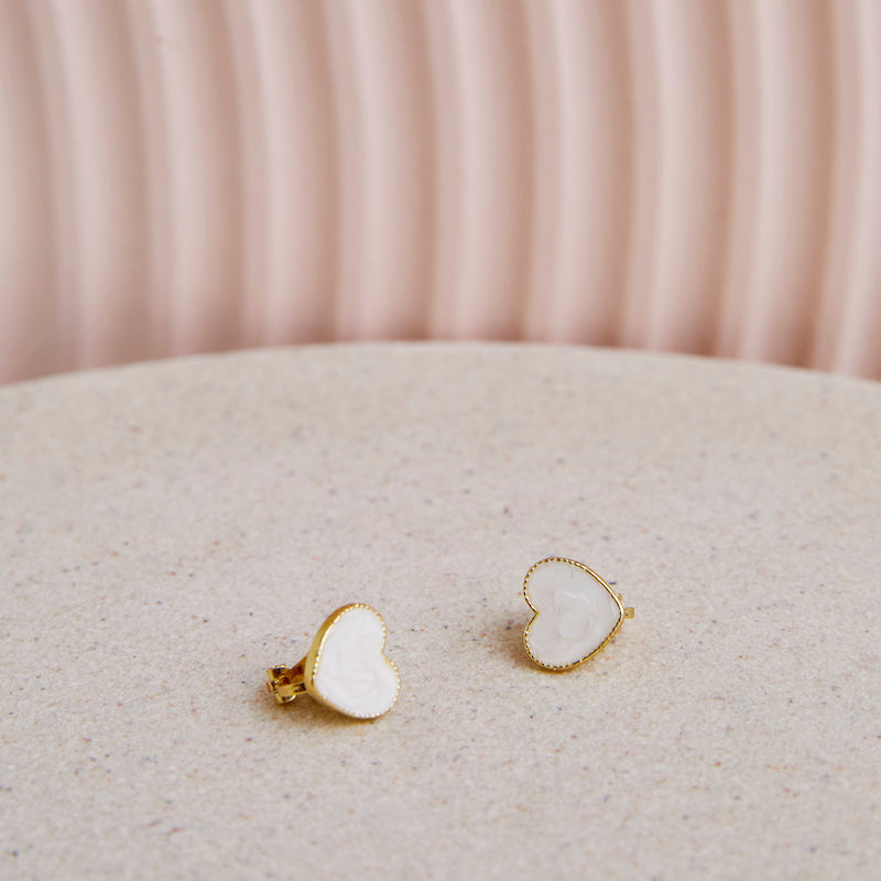 Tiny White Heart Clip on Earrings