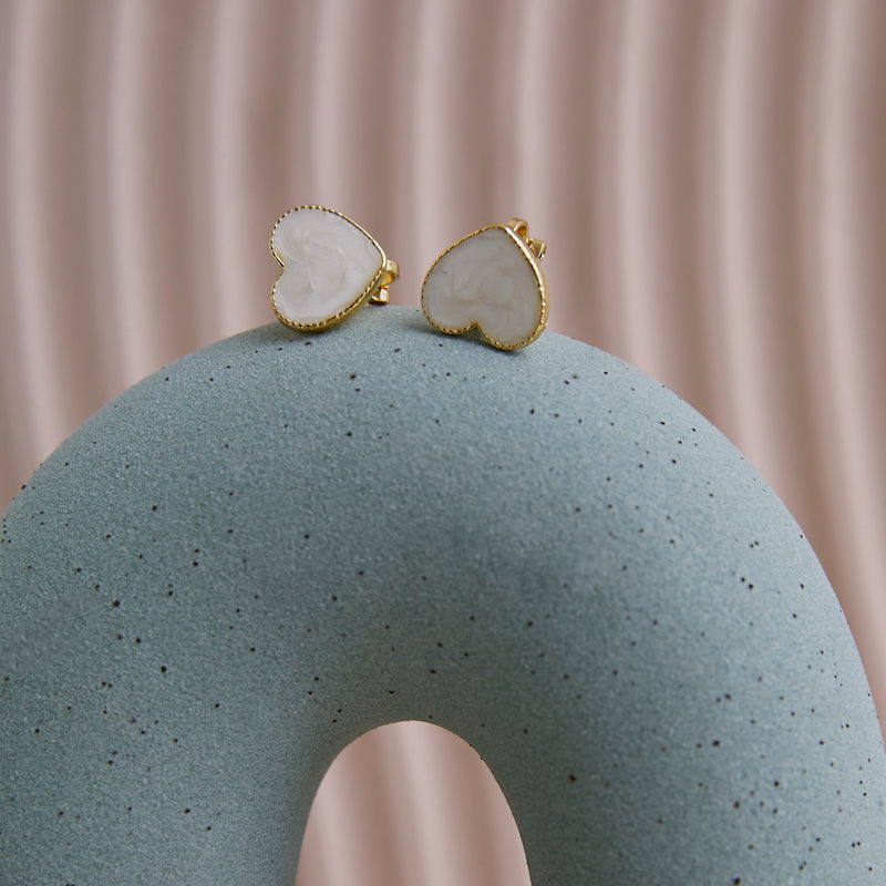 Tiny White Heart Clip on Earrings