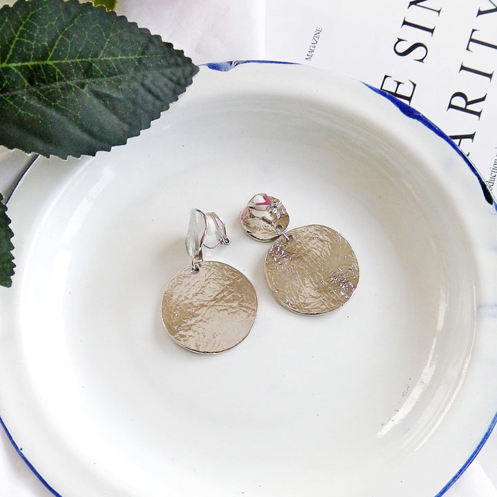 Textured Round Disc Clip Earrings