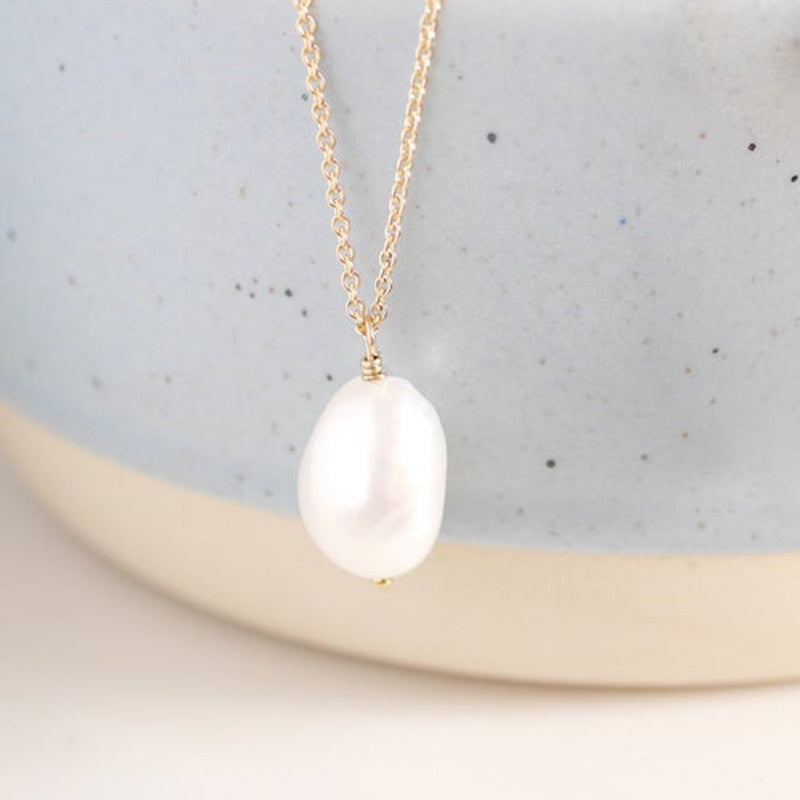 14K Gold Handmade Baroque Pearl Pendant Long Necklace