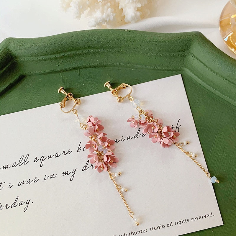 Flower Tassel Clip on Earrings