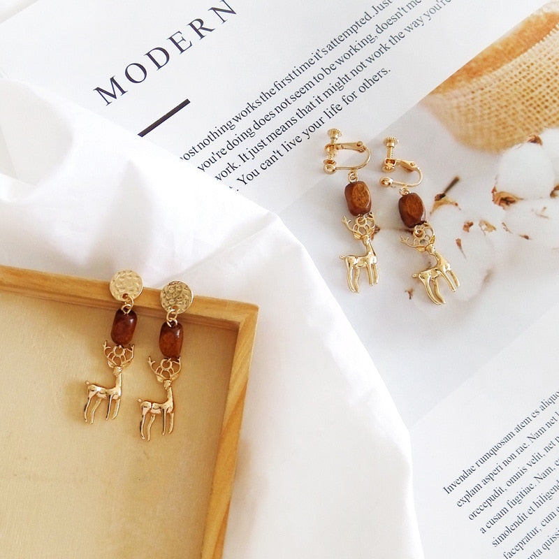 Wooden Golden Deer Clip on Earrings