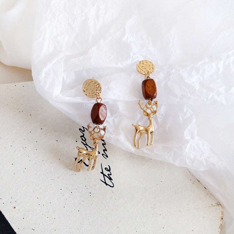 Wooden Golden Deer Clip on Earrings