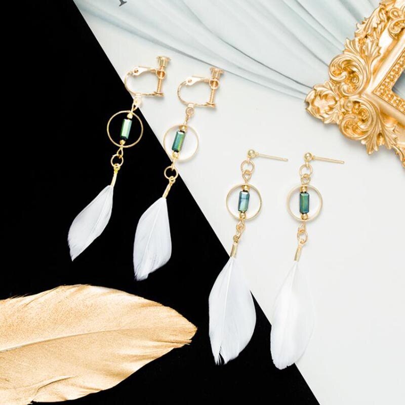 White Feather Clip on Earrings