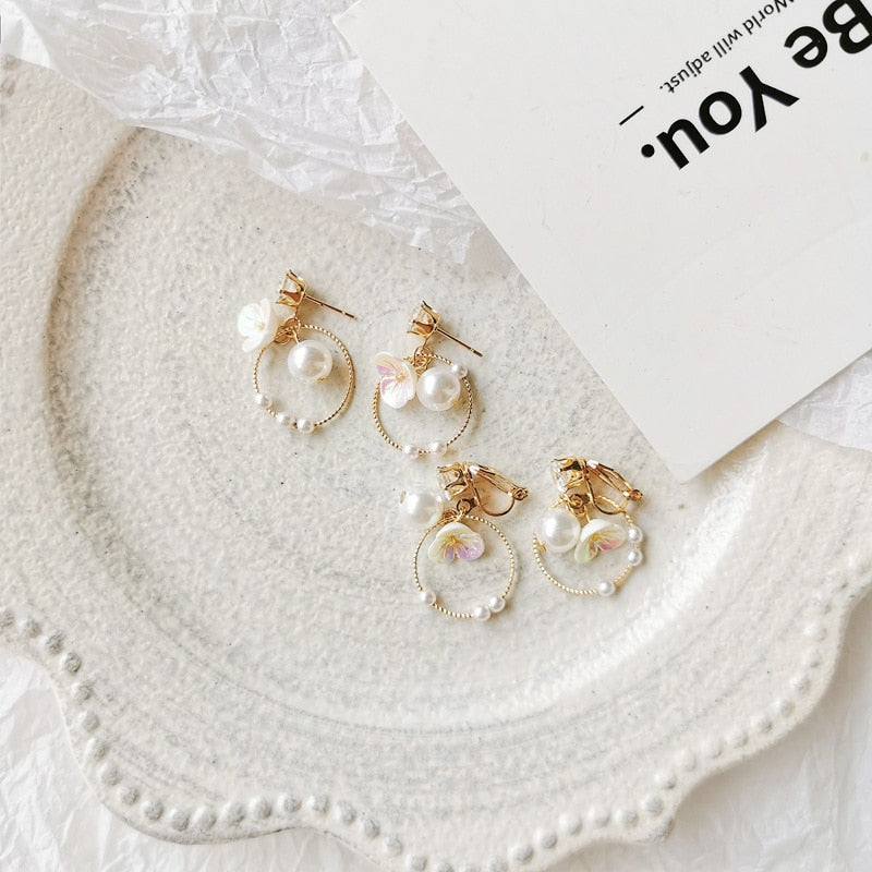 Pearl Flower Clip on Earrings