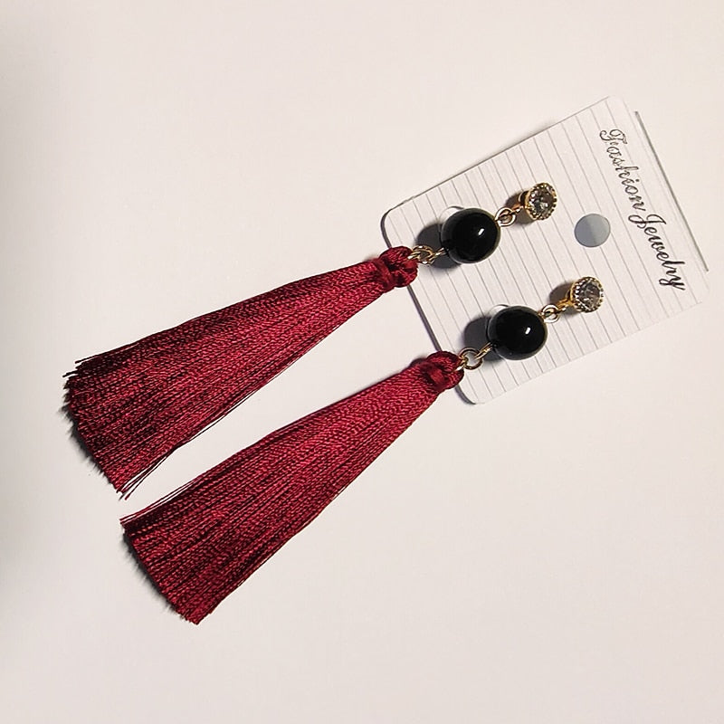 Bohemian Long Cotton Tassel Clip on Earrings