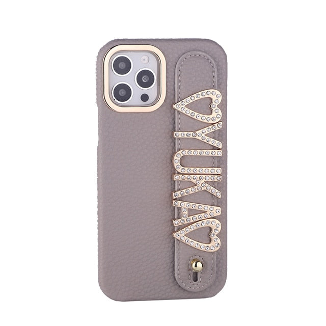 Personalised Name Genuine Leather iPhone Case with Holding Strap for iPhone 14