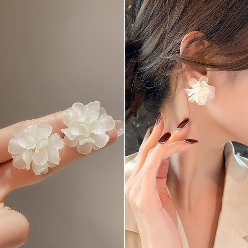 White & Green Flower Clip on Earrings