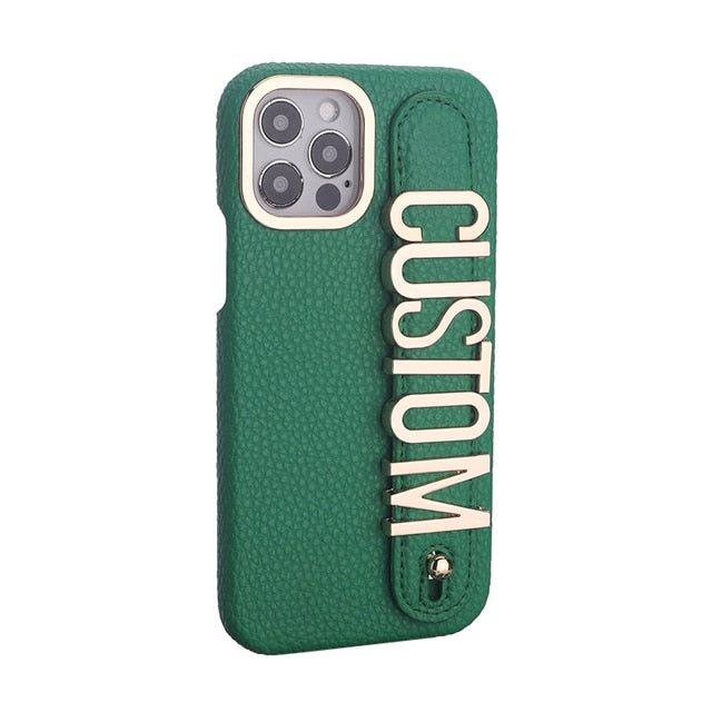 Personalised Name Genuine Leather iPhone Case with Holding Strap for iPhone 14